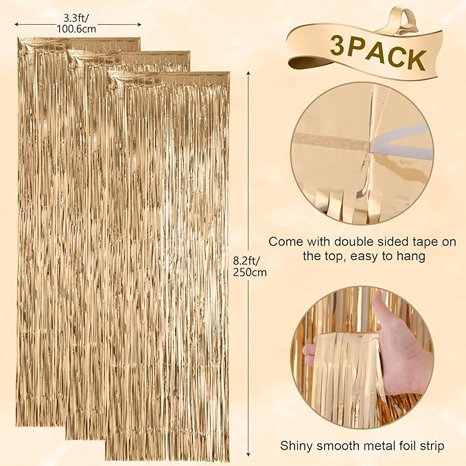 3 Pack 3.3x8.2 Feet Champagne Foil Fringe Backdrop Curtains, Tinsel Streamers Birthday Party Decorations, Fringe Backdrop for Graduation, Baby Shower, Gender Reveal, Disco Party