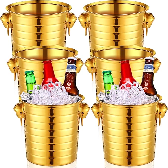 Pinkunn 6 Pack Stainless Steel Champagne Bucket 3 Qt Metal Ice Bucket Double Wall Wine Bucket with Handles Party Beverage Chiller for Champagne Beer Cocktail Wine Drinks Home Bar Accessories(Gold)