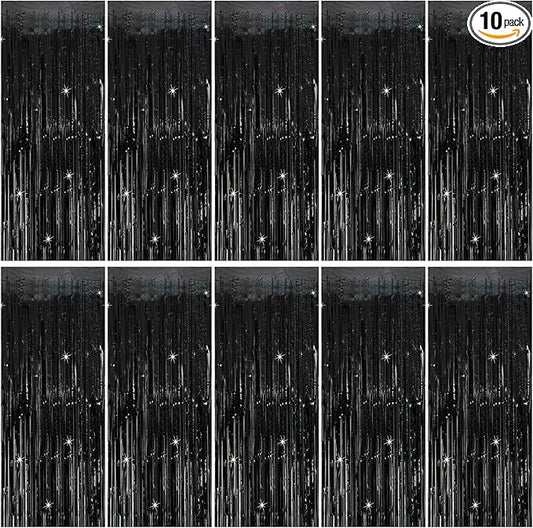 Tinsel Curtain Backdrop Black Birthday Party Decorations 10 Packs Glitter Foil Fringe Curtain Party Decor Streamers Photo Booth for Birthday Christmas Wedding Halloween Graduation Decorations
