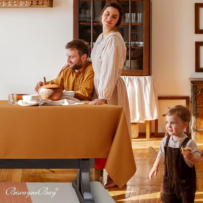 Biscaynebay Fall Tablecloth Textured Fabric 90x132 Inch Rectangular, Bronze Thanksgiving Autumn Harvest Water Resistant Fabric Tablecloths for Kitchen, Dining, Wedding, Parties Machine Washable