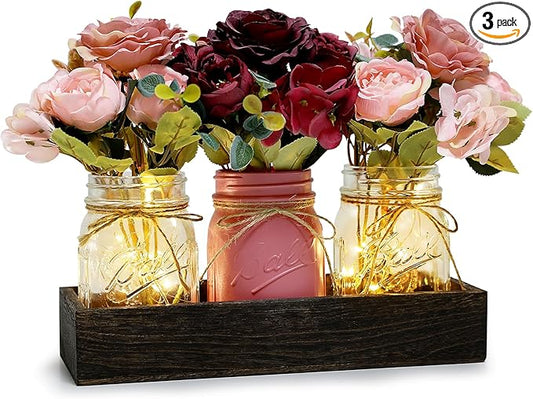 Mason Jar Lights Centerpiece for Table, Mason Jar Centerpiece Decor for Dining Room Farmhouse Coffee Table Decor with Wood Tray Fairy Lights Peony Flowers for Kitchen Living - Burgundy Pink
