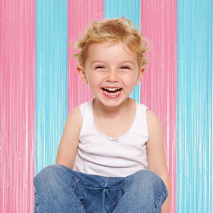 3 Pack 3.3 x 8.2 ft Pastel Blue and Pink Foil Fringe Backdrop Curtains, Tinsel Streamers Party Decorations, Fringe Backdrop for Grender Reveal, Baby Shower, Birthday Party