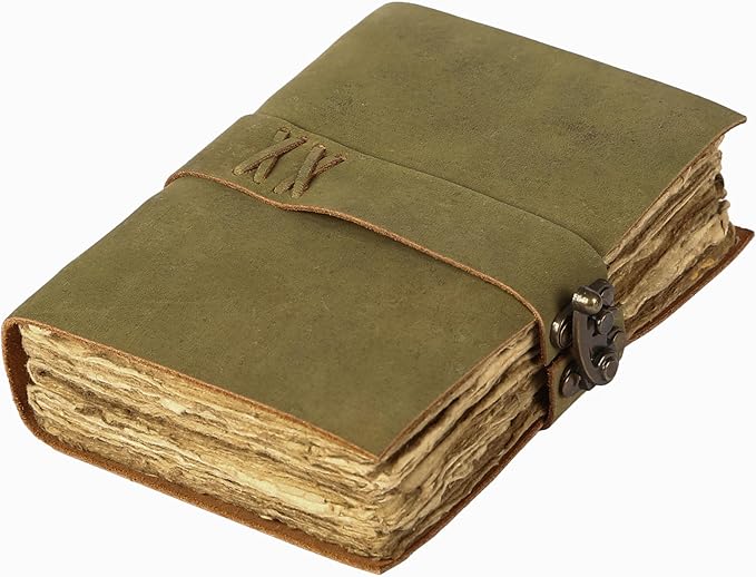 Vintage Leather Journal Handmade Buffalo Non-Refillable Deckle Edge Paper – Leather Bound Journal for Women Men Vintage C-Lock Closure Ideal for Writing & Travel for Artists (Green)