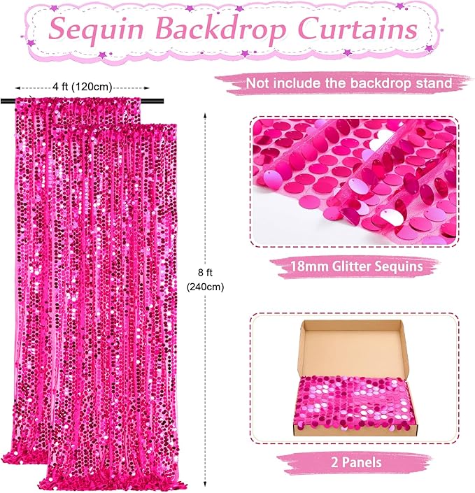 18mm Glitter Payette Backdrop 2 Panels 4ftx8ft Hot Pink Sequin Drapes Panels Wedding Stage Background Decorations Fabric