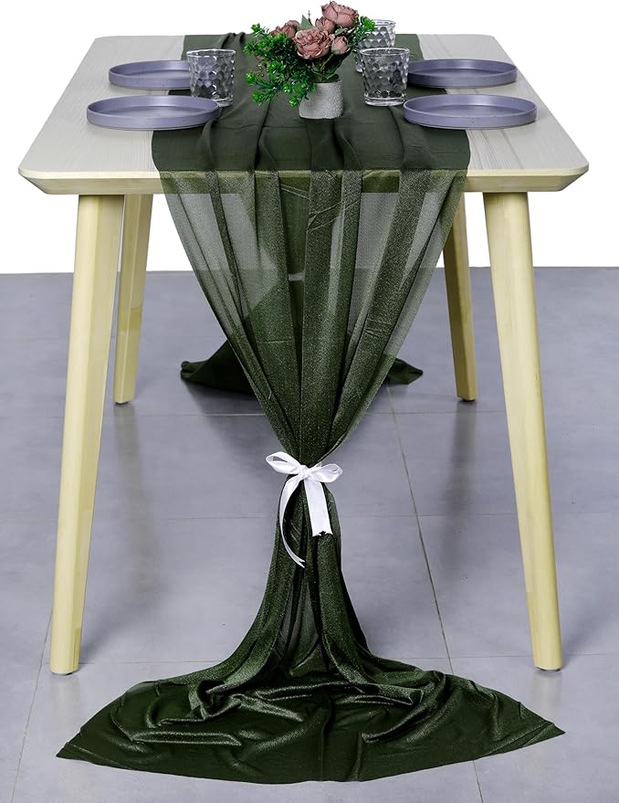 MDS Halloween Chiffon Table Runner - 10 Pack, 29 x 120 Inches, 10ft Each - Sheer Spooky Table Runners for Haunted House Parties, Trick-or-Treat Tables, Witchy Décor, Wedding & Events - Olive Green