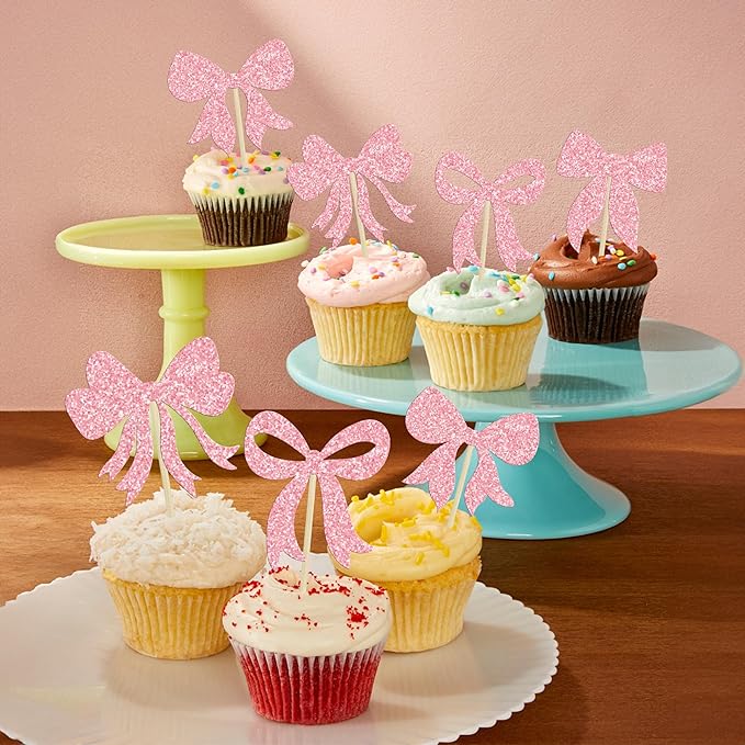 Gyufise 36Pcs Bow Cupcake Toppers Glitter Girls Birthday Decorations Bowknot Cupcake Picks Bow Tie Birthday Decorations Bow Cake Toppers for Bridal Baby Shower Bachelorette Party Supplies Pink