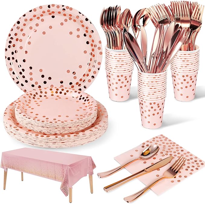 141 Pieces Pink and Rose Gold Party Supplies, Party Dinnerware Sets Include Paper Plates Napkins Cups Silverware, for Wedding Bridal Shower Engagement Birthday Parties Decoration -20 Serves