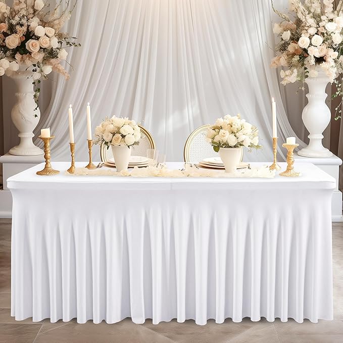 Wish Care 2 Pack White Spandex Table Clothes for 4 Foot Rectangle Tables, 4FT Wrinkle Free Fitted Tablecloths Ruffles Design Table Cover for Party, Banquet, Wedding and Events