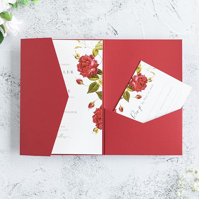 20 PCS Red Tri-fold Laser Cut Wedding Invitation Pockets for 5x7 Wedding Cards Bridal Shower Engagement Quinceanera Invitation