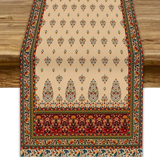 Boho Paisley Table Runner, Vintage Western Brown Dark Red Beige Flowers Leaves Print Table Runner for Kitchen Dining Table Wedding Holiday Party Decor, 13x70inch
