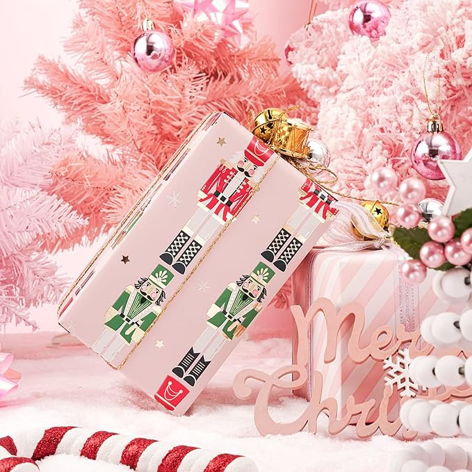 LeZakaa Christmas Pink Wrapping Paper Jumbo Roll for Kids, Pink Metallic Foil Gift Wrap Paper with Red & Green Nutcracker Soldier & Stripe Reversible Design, 30 inches x 32.8 Feet