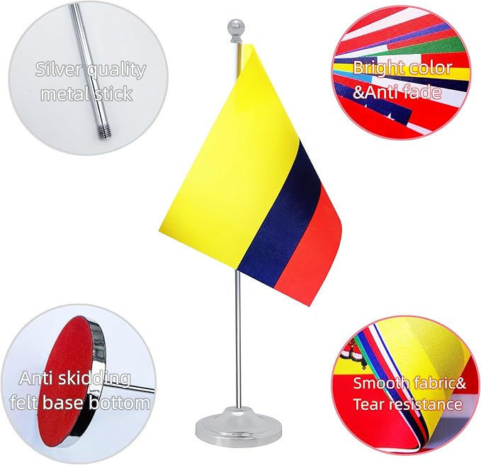 Colombia Desk Flag, Colombian Table Office Flag with Metal Pole and Stand Base, International Country Flags, Festival Event Celebration, Classroom Meeting Desktop Decor (Colombia)