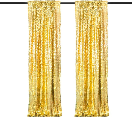 JYFLZQ Gold Payette Sequin Backdrop Curtains 4ft x 8ft 2 Panels Shimmer Wall Backdrop Big Sequin Background Thick Glitter Photo Booth Backdrops for Birthday Wedding Prom Parties
