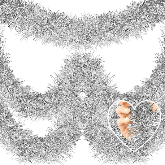 25 Feet Metallic Twist Tinsel Garland Wall Hanging Backdrop for Parade Floats, Christmas Eve, New Year, Valentine's Day Party Decorations (Silver, 4in x 25ft)