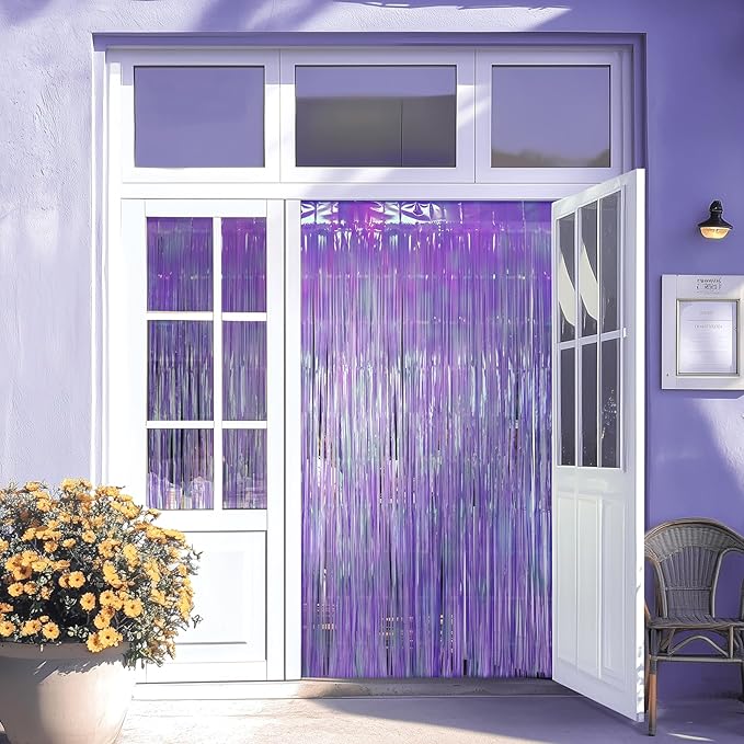 2 Pack Purple Iridescent Streamers Backdrop, 3.3x6.6ft Foil Fringe Curtains Lavender Holographic Door Tinsel Streamers for Birthday, Wedding, Holiday, Bachelorette, Theme Party Decorations