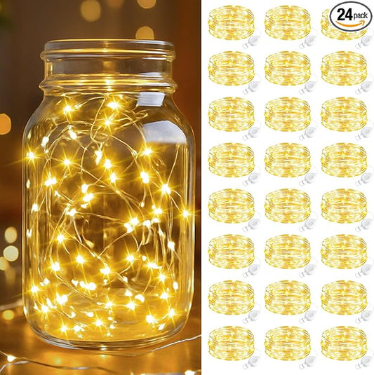 btfarm 24 Pack Fairy Lights Battery Operated, 7FT 20 LED Mini String Lights Waterproof Silver Wire for Mason Jars Centerpiece Table Crafts Bedroom Christmas Decoration, Warm White