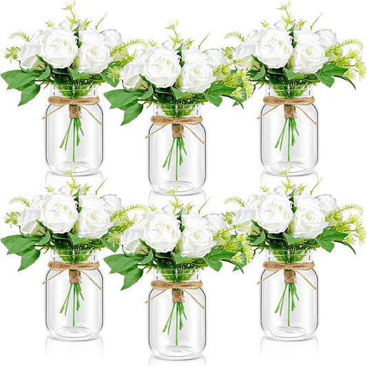 6 Set Centerpiece Table Decorations Mason Jar Table Centerpiece with Flower Mason Jar Wedding Centerpieces Vases Decor for Reception Engagement Party Bridal Shower (White Rose)