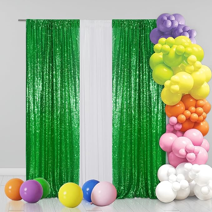 Eternal Beauty 2 PCS Sequin Backdrop Curtain, Sequin Wedding Backdrop for Christmas Party, Birthday (Green 2FTx8FT)