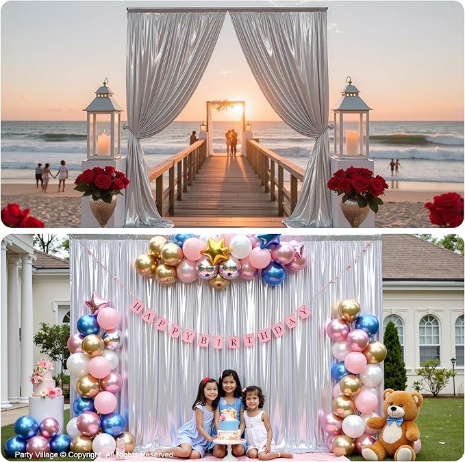 PartyVillage 10x10FT Metallic Silver Sequin Backdrop Curtain -2 Panels 5x10FT Wrinkle Free Shimmer Back Drop Cloth, Glitter Backdrop Drapes for Photography, Birthday, Wedding Background