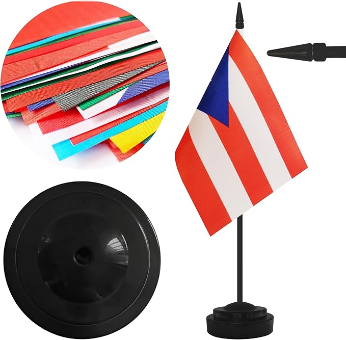 2 Pack Puerto Rico Desk Flag Set, Puerto Rican Desktop Small Miniature Table Office Flag with 12" Black Pole and Black Base, Offices, Classroom, Home, Festival Decoration (Puerto Rico)
