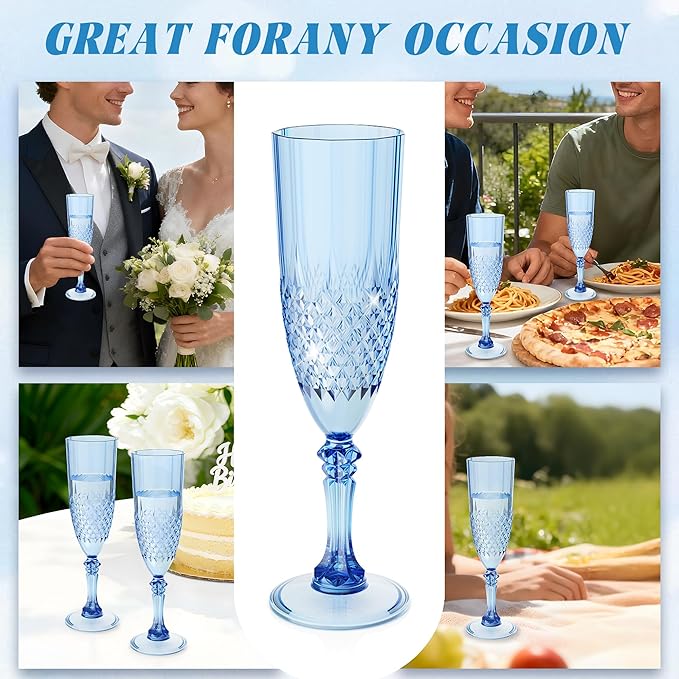 Plastic Champagne Flutes, 12PCS Blue Wine Glasses Goblets Cups Reusable Flute, for Weddings Bachelor Parties Toasting and Events (12, Blue)