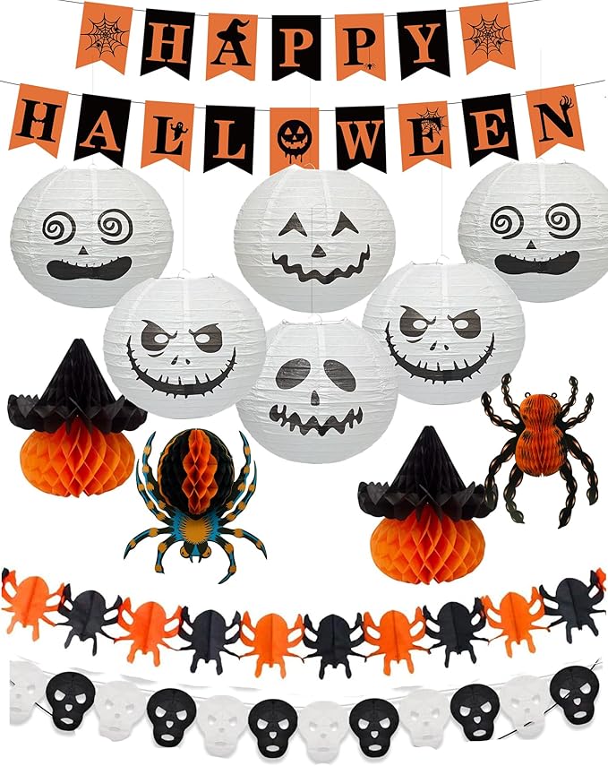 Halloween Office Decorations Indoor Kit - Pumpkin Lanterns, Bats Skull Head Banner, Spider Pumpkin Hanging Happy Halloween Banner For Office Classroom Home 14PCS