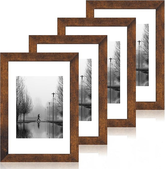 8x12 Picture Frame Set of 4 with High Definition Real Glass, Display 6x8 Pictures with Mat or 8 x 12 Without Mat, Wood Rustic Photo Frames for Tabletop and Wall Mounting