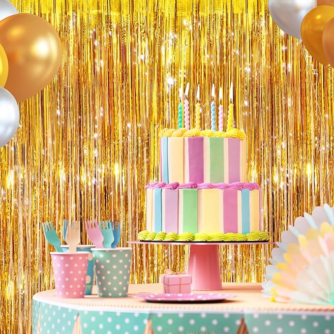 2 Pack Gold Metallic Tinsel Foil Fringe Curtains, Door Streamers Photo Booth Backdrop for Birthday Party, Tinsel Curtain Backdrop for Baby Shower Bachelorette Christmas Party Decorations