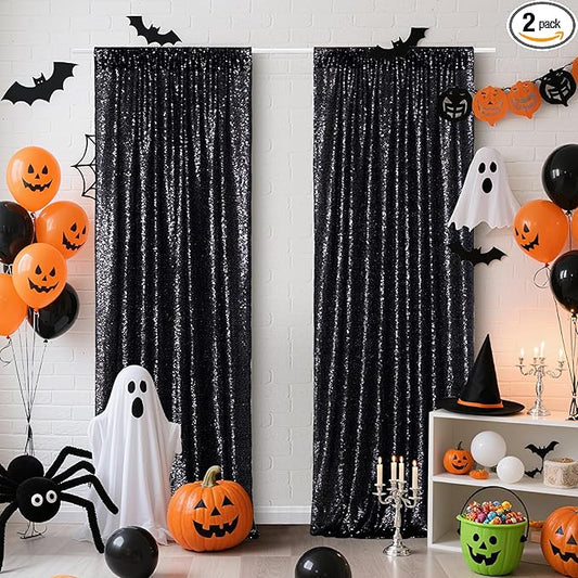 Poise3EHome 2Pcs 3Ft x 8Ft Black Sequin Backdrop Curtain, Glitter Photography Background, Sequence Xmas Thanksgiving Backdrop for Wedding Party Holiday Festival Decor