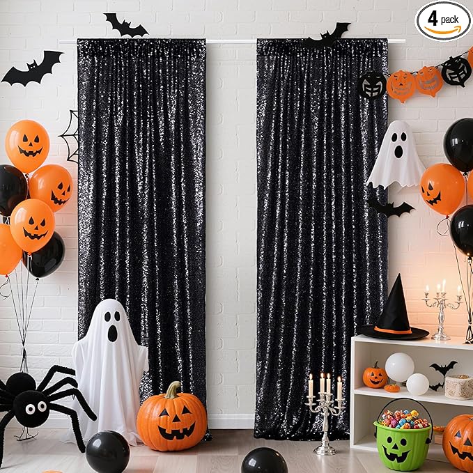 Poise3EHome Black Sequin Backdrop Curtain, 4 Pcs 3FT x 8FT Sequin Backdrop Panels,Black Curtains for Photography Party Birthday Halloween Backdrop