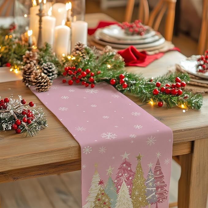 GEEORY Christmas Table Runner 13x60 Inch, Xmas Trees Snowflakes Holiday Decorative Farmhouse Table Decoration for Kitchen Dinning, Indoor Outdoor Dinner Party Decor (Pink) GT153-60