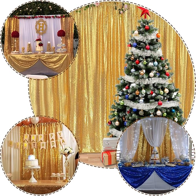 Gold Sequin Backdrop 2FTx8FT 2 Panels Sparkly Background Drapes for Party Wedding Baby Shower Decorations