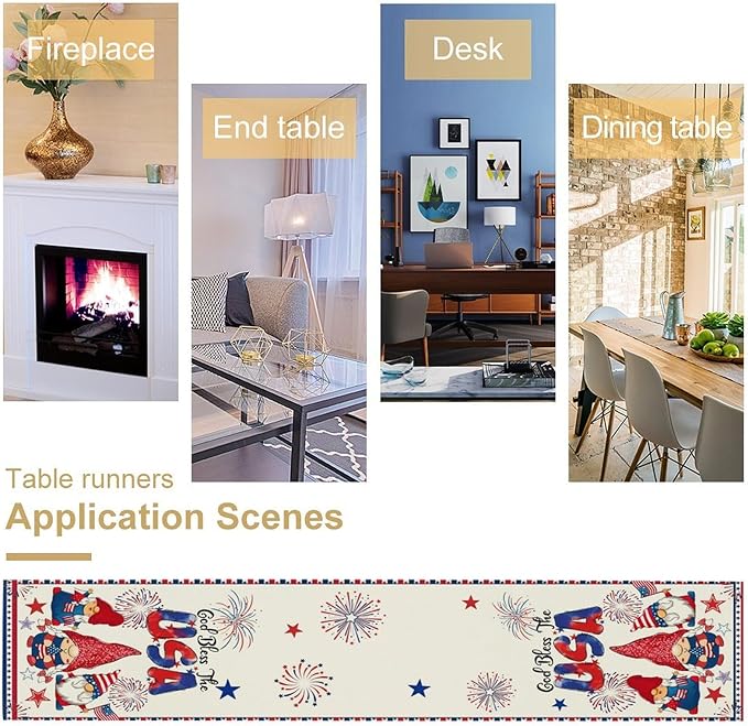 Cute Patriotic Gnomes Table Runner, American Independence Day 4th of July Gnome Blue Red Fireworks Confetti Print Table Runner for Home Kitchen Dining Table Party Decor, 13x36inch