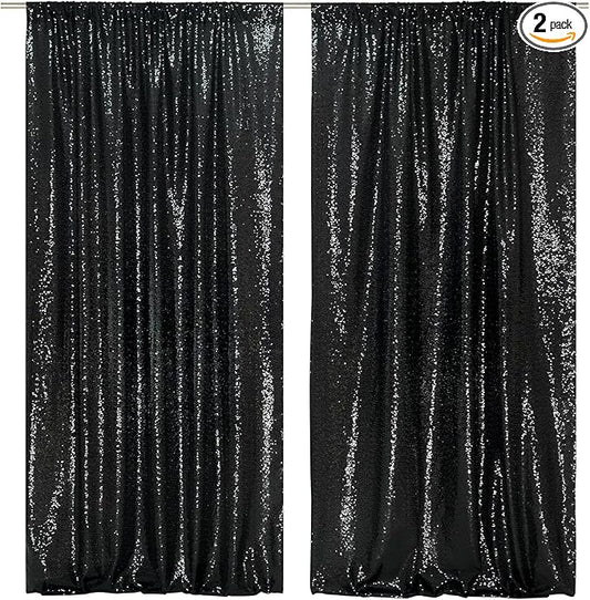 SquarePie Sequin Backdrop Curtain 8FT x 10FT Black Satin Backing Fabric Photography Background for Wedding Patry 4FT x 10FT 2 Panels