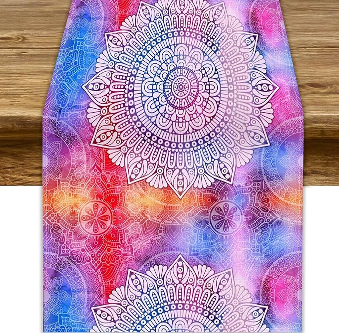 Vintage Mandala Table Runner, Bohemian Indian Purple Starry Colorful Floral Print Table Runner for Home Kitchen Dining Table Party Decor, 13x108inch