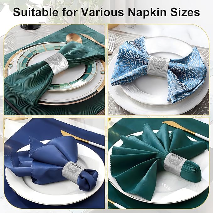 Polymer Material Reusable Napkin Band, Glue-Free Tear-Proof Water Resistant Oil-Proof Napkin Bands Set of 50(Front Silver Rose and Back Silver Color), 6 Adjustable Sizes Napkin Rings