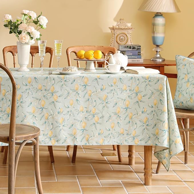 patdrea Designer Linen Long Green Tablecloth for Rectangle Table,Vintage Breathable Yellow Fruits Pattern Table Cloth,Decor Cover for Kitchen Dining,Christmas,Thanksgiving,Party,63"x94"-Ania a