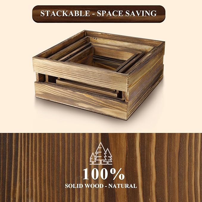 Sieral 4 Pieces Wood Cupcake Display Stand Decorative Dessert Appetizer Cake Stand Risers Wooden Crate Rustic Cake Risers for Storage for Party Christmas Halloween Wedding Decor(Rustic Dark Brown)