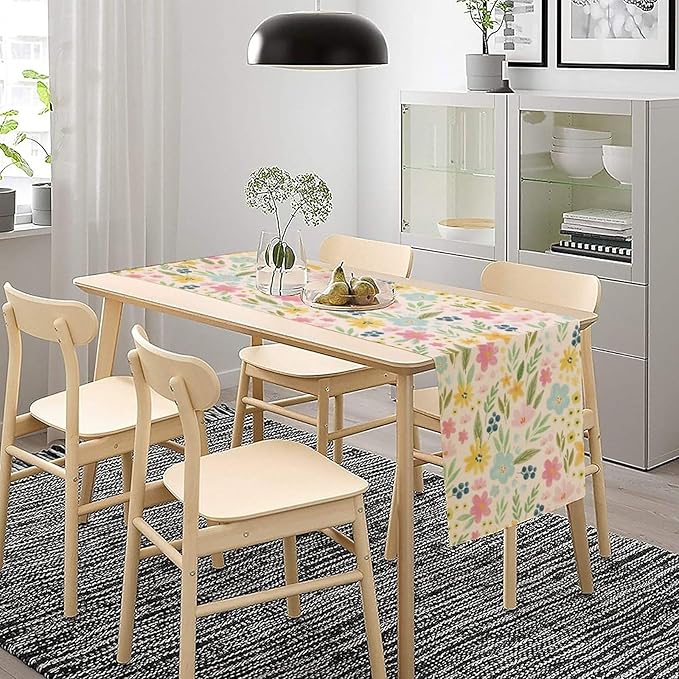 Floral Table Runner, Boho Style Watercolor Flower Green Leaf Plant Rectangle Table Decoration for Dining, Party, Holiday,13in（33cm） W * 72in（184cm） L