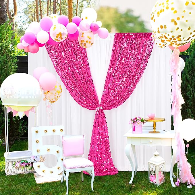 18mm Glitter Payette Backdrop 2 Panels 4ftx8ft Hot Pink Sequin Drapes Panels Wedding Stage Background Decorations Fabric
