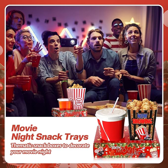 Faccito 36 Pcs Movie Night Snack Trays Movie Theater Snack Boxes Night Supply Disposable Paper Holder Tray for Popcorn Food Candy Drink Party 8 x 6 Inch(Red Green,Holly Style)