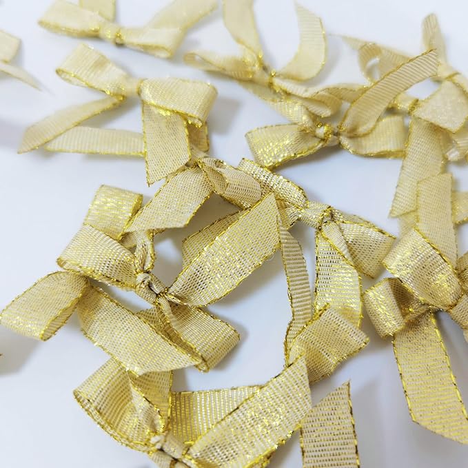50pcs/pak 1-1/2" Mini Metallic Gold Ribbon Bows Without Twist Ties for Crafts Candy Packing Decor Christmas Halloweeen Decoration (W.Gold)