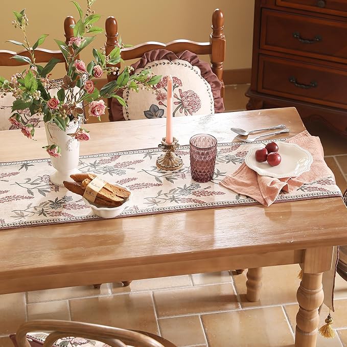 ISAENNE Designer Light Beige Linen Table Runner 71 Inches Long,Vintage Floral Wrinkle Resistant Decor Table Runners for Dining Tables,Christmas,Thanksgiving,Kitchen Tables,12"*71"-Helena A