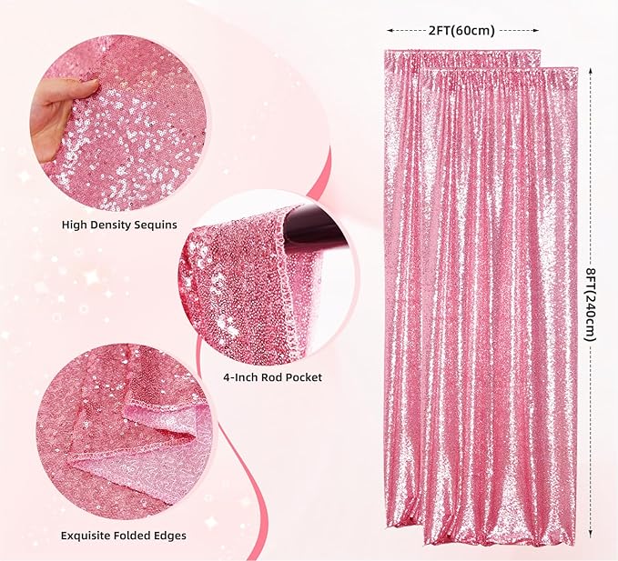 Juya Delight 2Pcs 2FTx8FT Pink Sequin Backdrop Curtains Fuchsia Pink Glitter Backdrop for Party Birthday Wedding Decoration