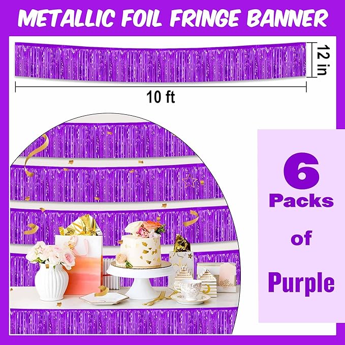 6 Pack 10 Ft Purple Foil Fringe Garland Metallic Streamers Tinsel Banner Wall Hanging Garland Backdrop for Parade Floats, Halloween, Christmas, Thanksgiving, New Year Party Decorations