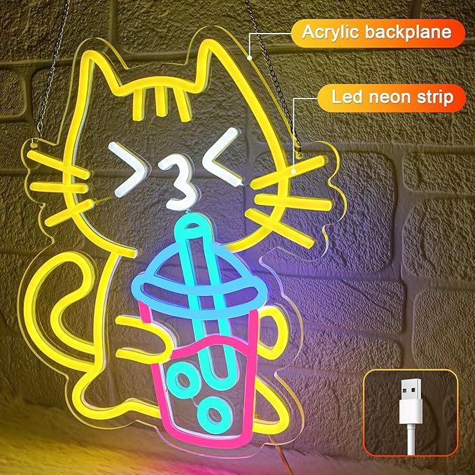 Cat Boba Tea Neon Sign Yellow Cat Led Neon Signs for Wall Decor USB Bubble Tea Neon Light Cute Animal Neon Light Sign for Bedroom Dessert Bar Coffee Shop Kitchen Restaurant Party
