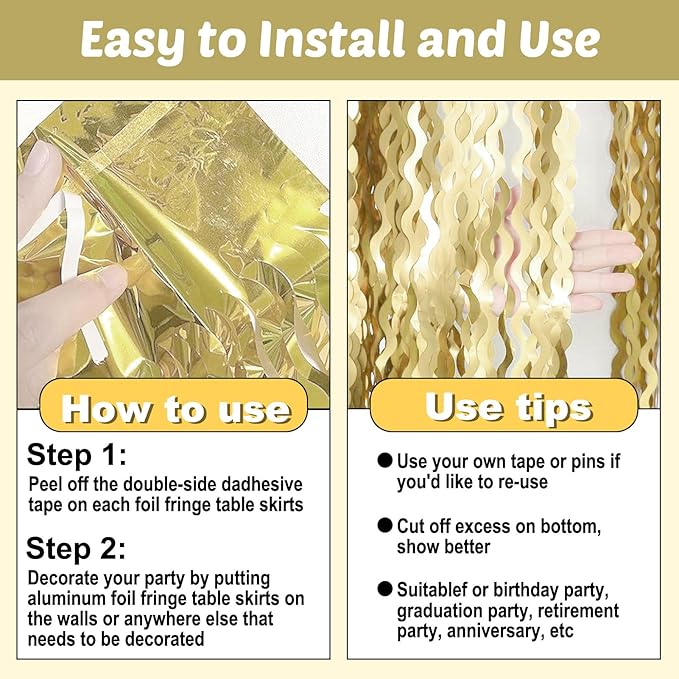 6 Pack 29x108 Inch Light Gold Wave Foil Fringe Table Skirts Metallic Banner for Tinsel Streamer Garland Backdrop for Parade Floats Wedding, Mother's Day, Birthday Mardi Gras Party Decorations