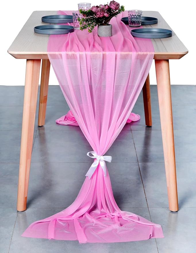 MDS Halloween Chiffon Table Runner - 10 Pack, 29 x 170 Inches, 14ft Each - Sheer Spooky Table Runners for Haunted House Parties, Trick-or-Treat Tables, Witchy Décor, Wedding & Events - Bubblegum Pink