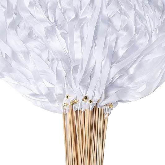 60 Pieces Wedding Colorful Ribbon with Bells, Party Ribbons Streamers Sticks Magic Wish Fairy Wand for Wedding Party Holiday Activities Favors (White-60)