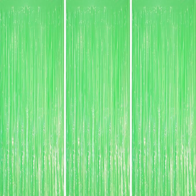 3 Pack 3.3 x 8.2 ft Pastel Green Foil Fringe Backdrop Curtains, Tinsel Streamers Party Decorations, Fringe Backdrop
